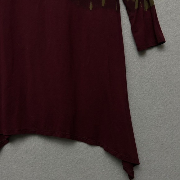 OSO Casuals Tie Dye Tunic Top S Olive Green Burgundy Sharkbite Hem 3/4 Sleeve - Picture 11 of 13